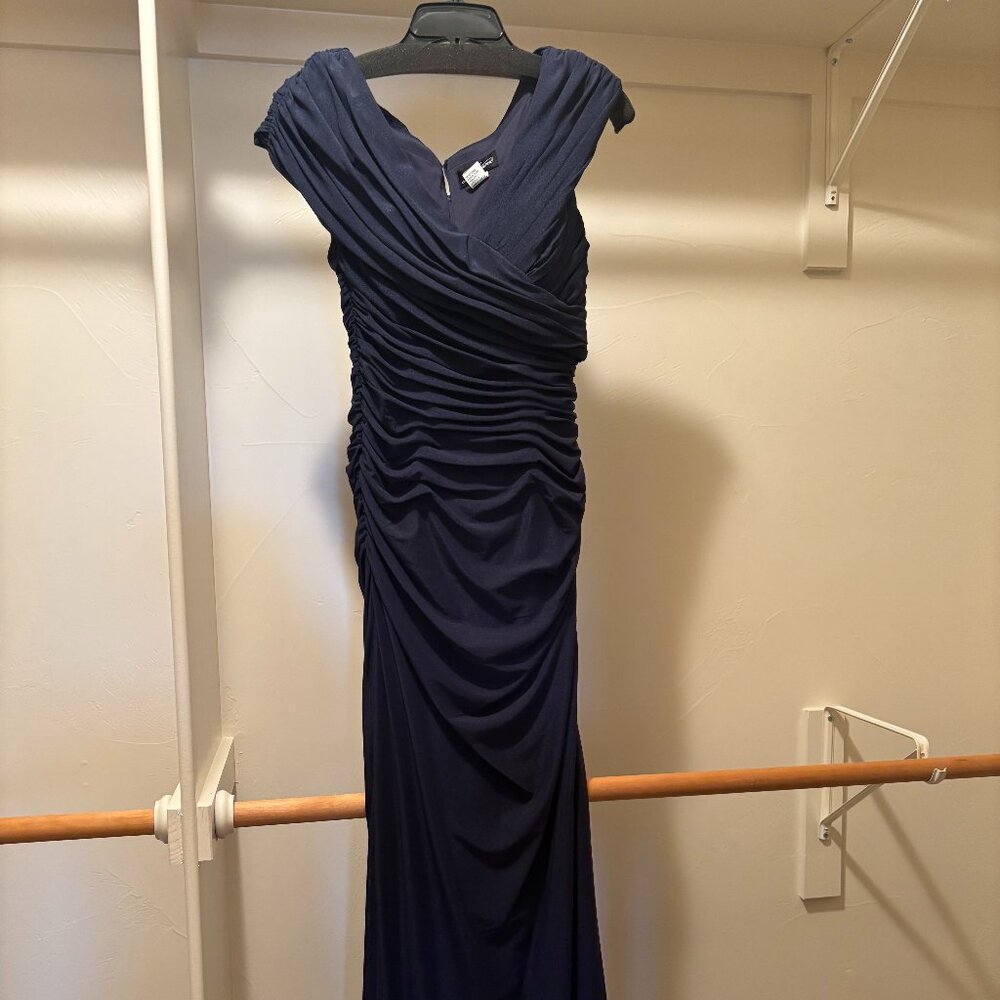 La Femme - Ruched Bodice V-Neck Evening Gown